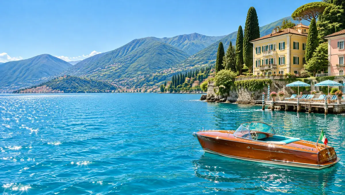 Illustrative Lake Como scene: a villa, striped umbrellas and a wooden boat